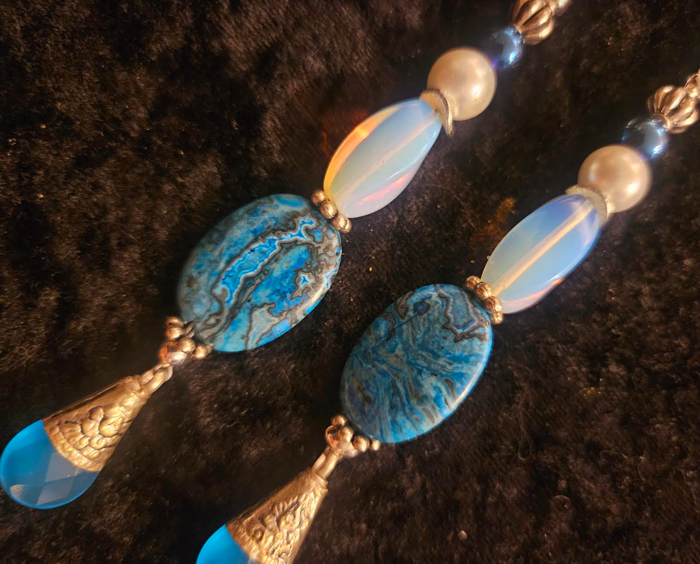 Blue White & Silver Exotic Long Beaded Pierced Statement Earrings Ja
