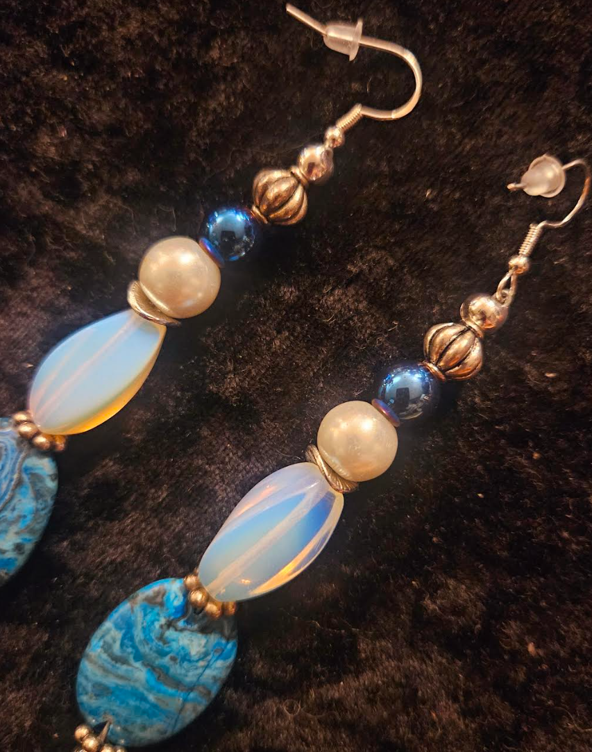 Blue White & Silver Exotic Long Beaded Pierced Statement Earrings Ja