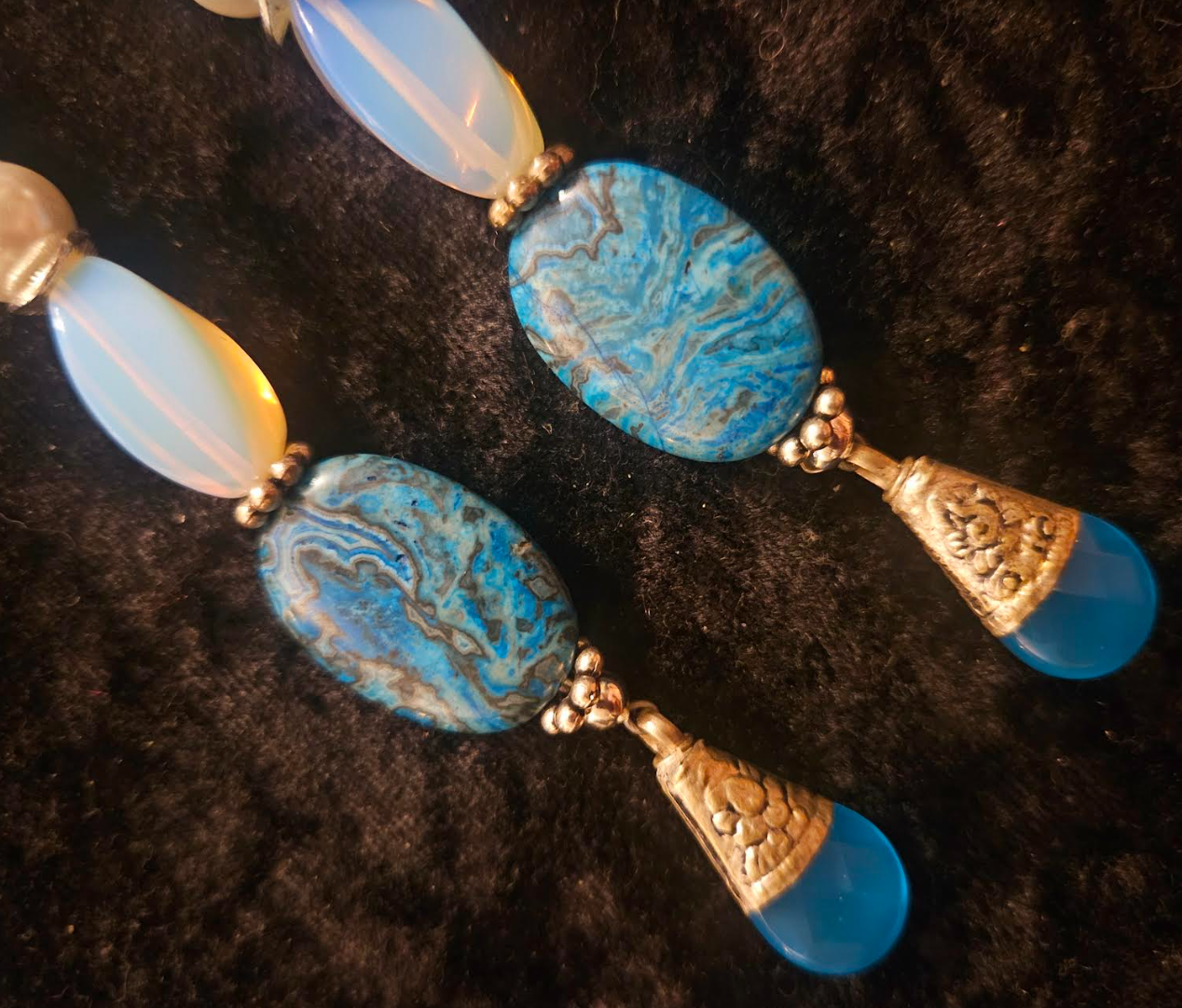 Blue White & Silver Exotic Long Beaded Pierced Statement Earrings Ja