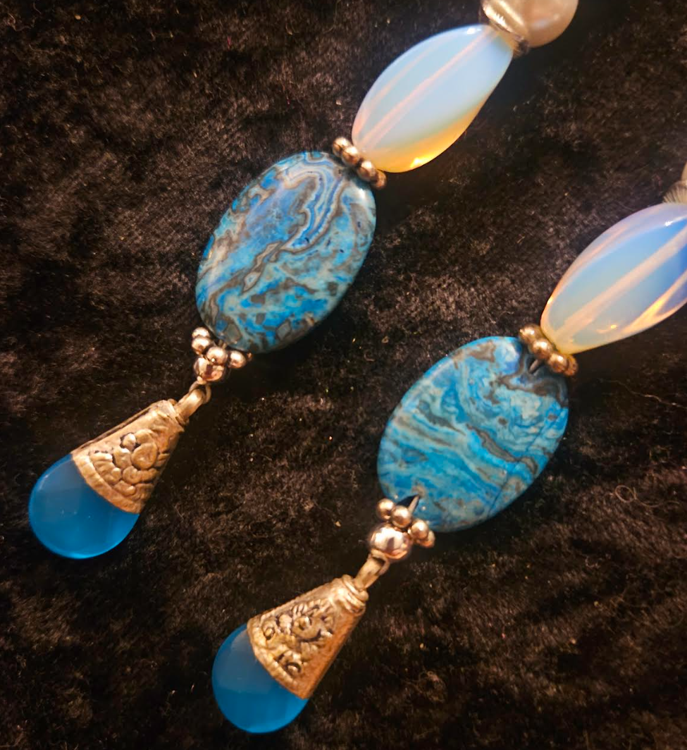 Blue White & Silver Exotic Long Beaded Pierced Statement Earrings Ja