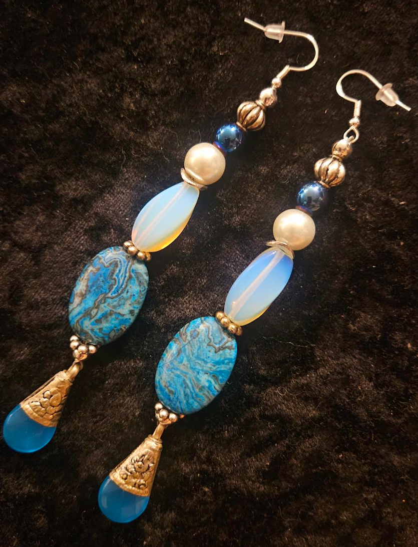 Blue White & Silver Exotic Long Beaded Pierced Statement Earrings Ja