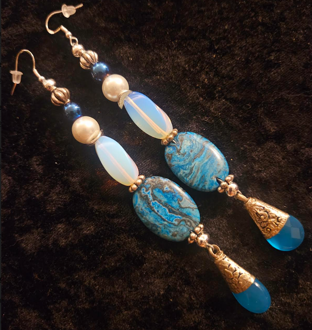 Blue White & Silver Exotic Long Beaded Pierced Statement Earrings Ja