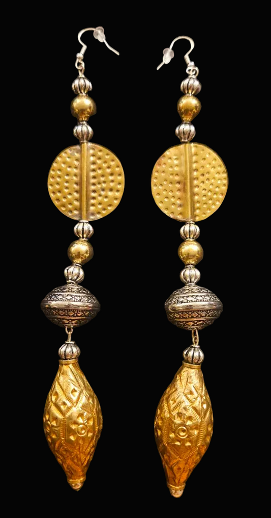Exotic Gold & Silver Tone Tribal Shoulder Duster Pierced Earrings