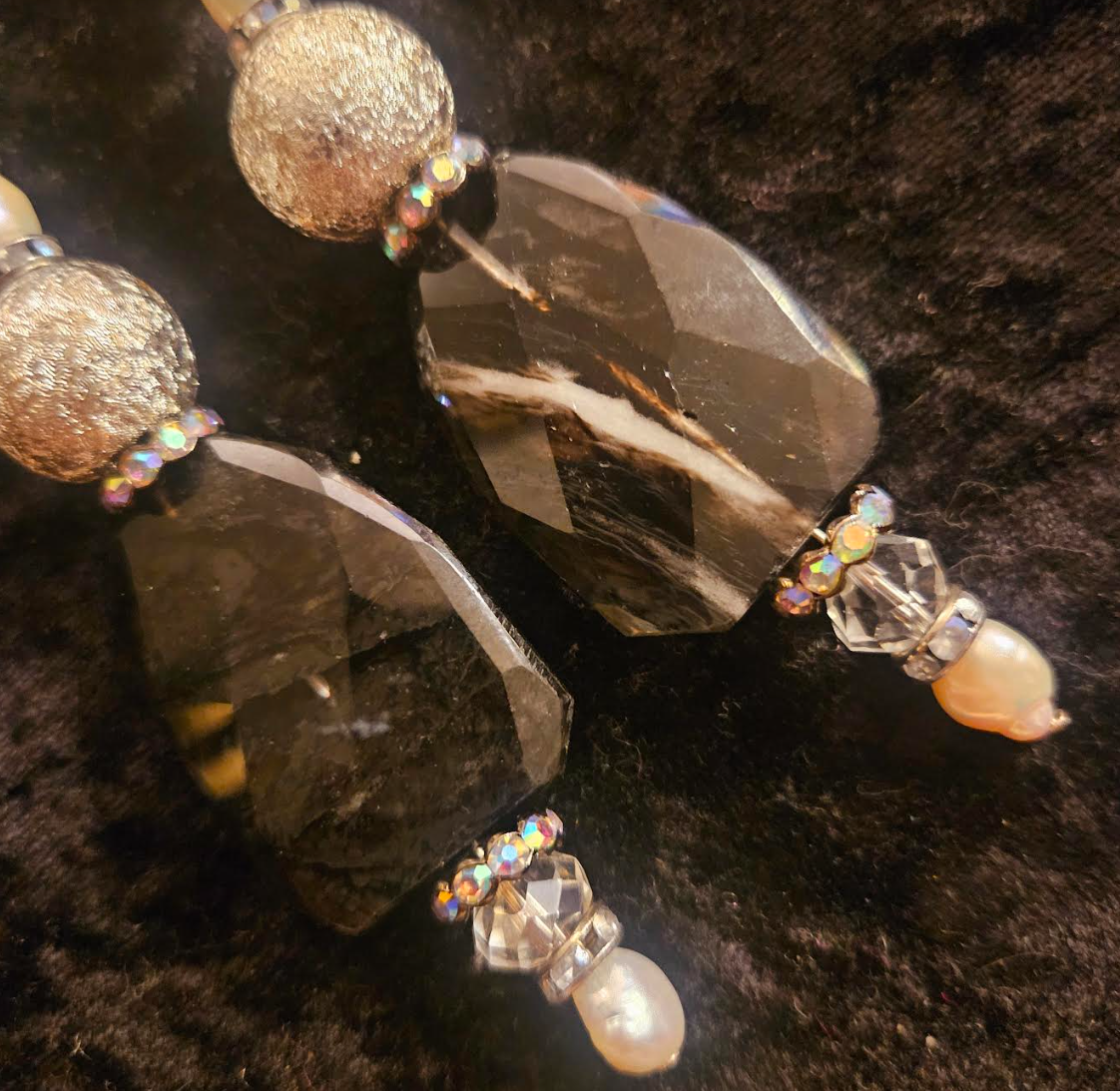 Fancy Smoky Quartz Shoulder Duster Pierced Statement Earrings Black