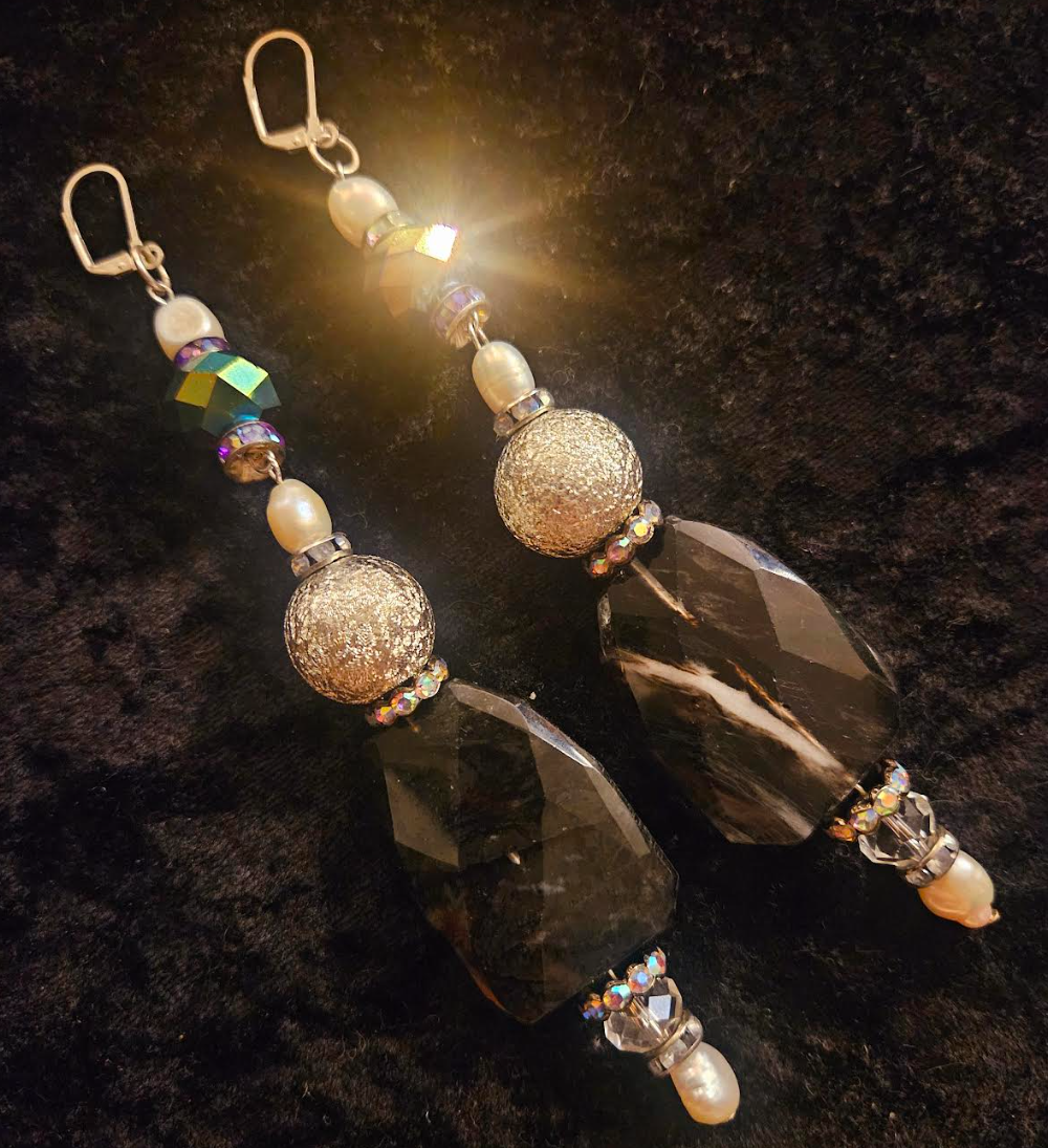 Fancy Smoky Quartz Shoulder Duster Pierced Statement Earrings Black