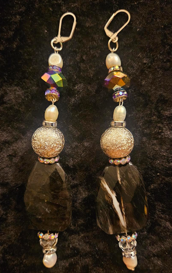 Fancy Smoky Quartz Shoulder Duster Pierced Statement Earrings Black