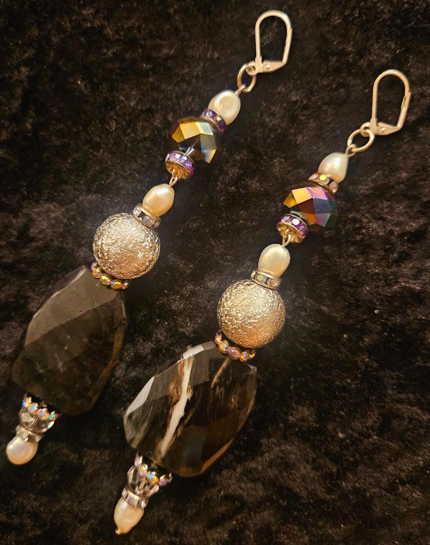 Fancy Smoky Quartz Shoulder Duster Pierced Statement Earrings Black