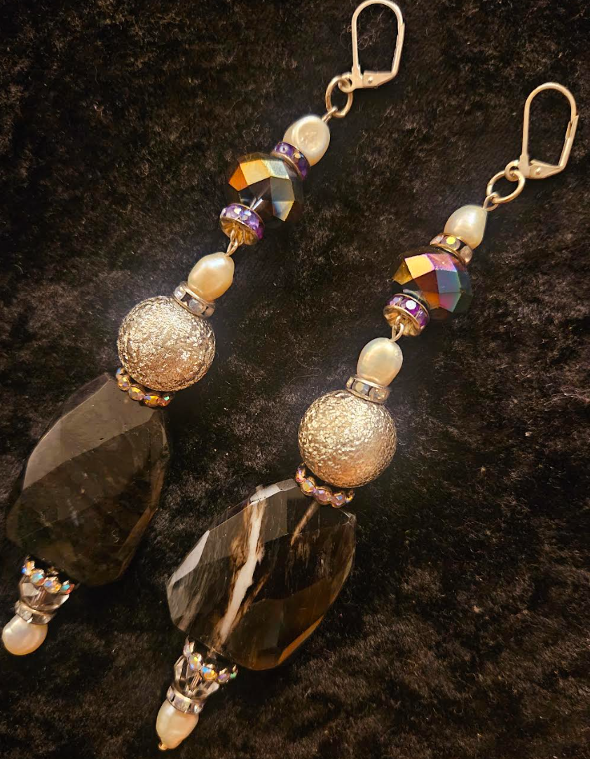 Fancy Smoky Quartz Shoulder Duster Pierced Statement Earrings Black