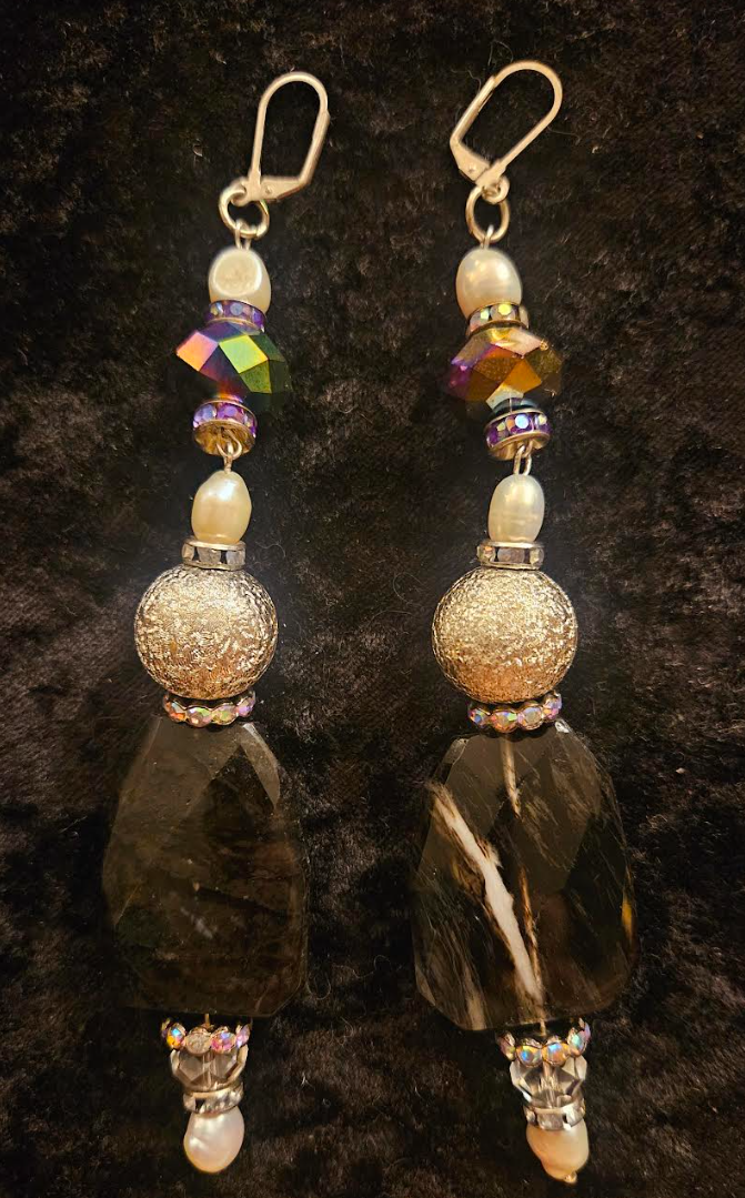 Fancy Smoky Quartz Shoulder Duster Pierced Statement Earrings Black