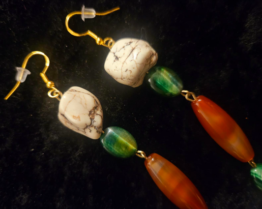 Orange Green & Off White Gemstone Shoulder Duster Pierced Statement Ea