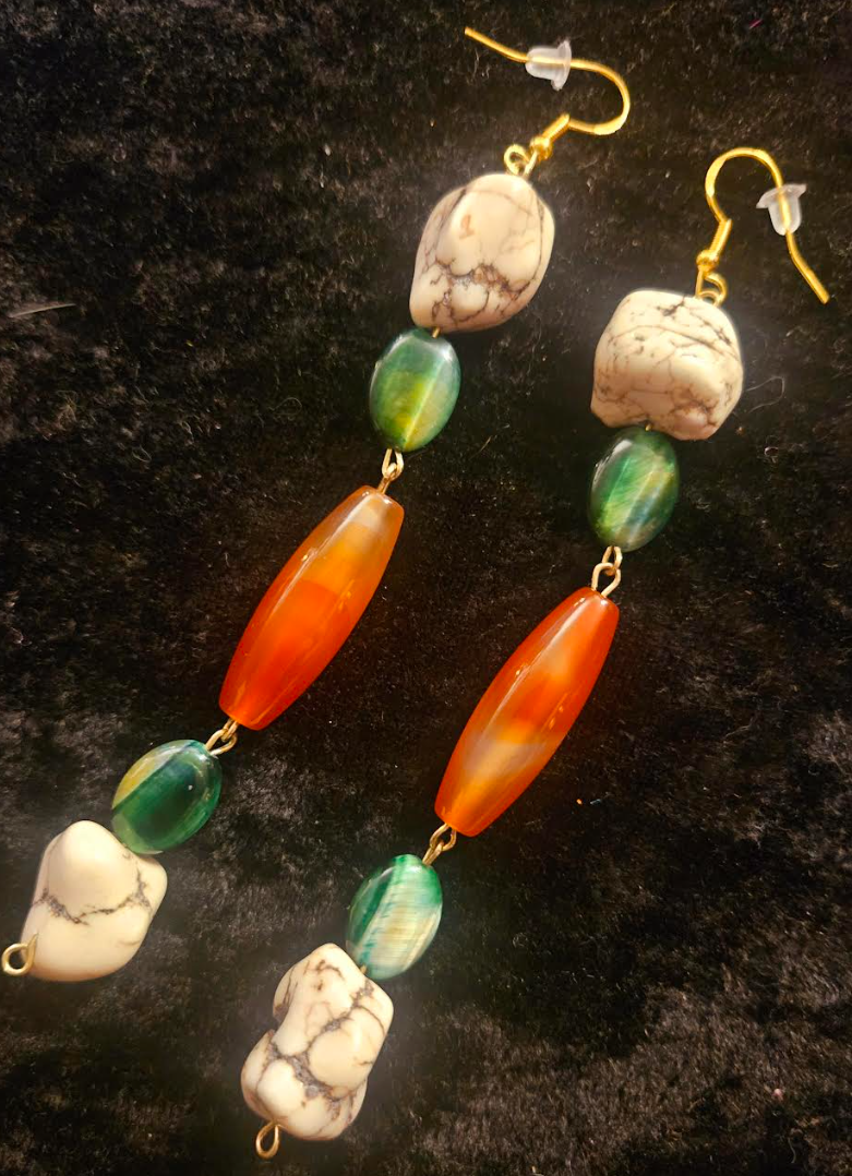 Orange Green & Off White Gemstone Shoulder Duster Pierced Statement Ea