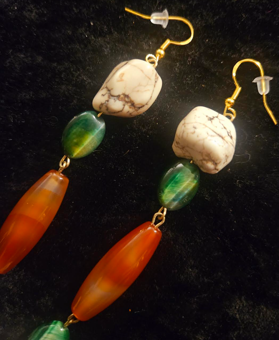 Orange Green & Off White Gemstone Shoulder Duster Pierced Statement Ea
