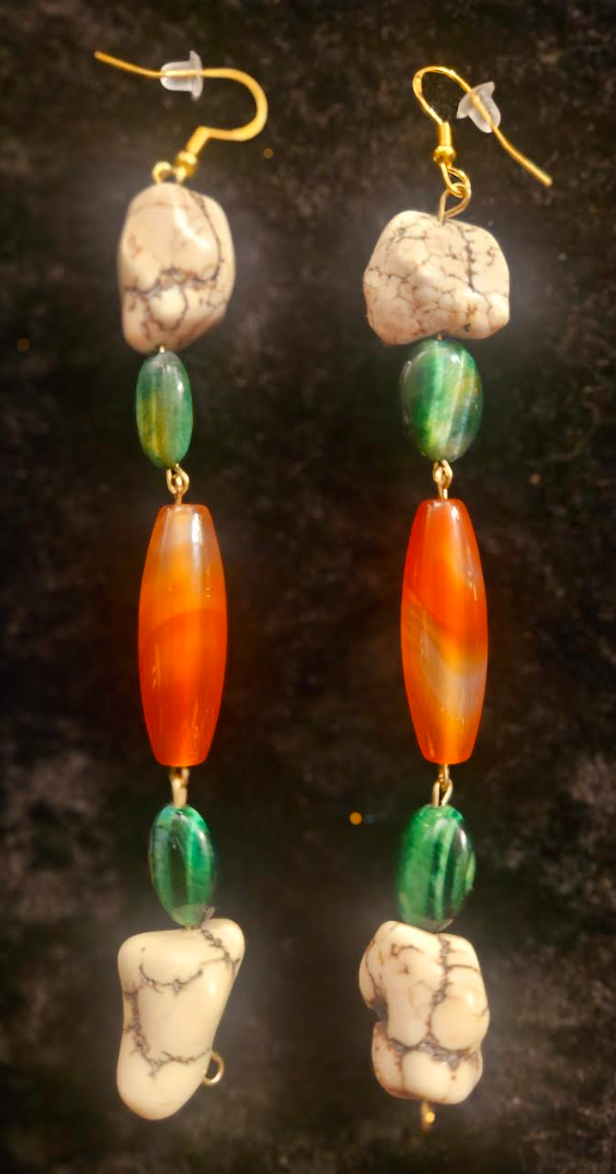 Orange Green & Off White Gemstone Shoulder Duster Pierced Statement Ea