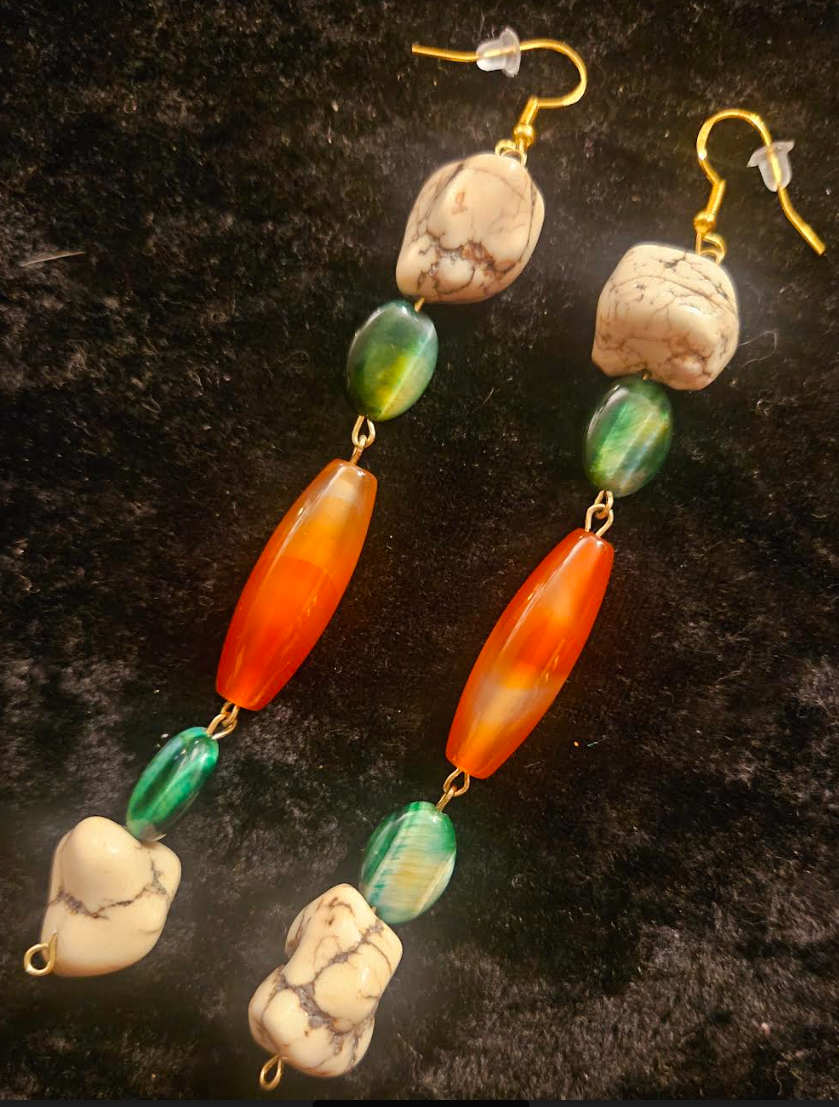 Orange Green & Off White Gemstone Shoulder Duster Pierced Statement Ea