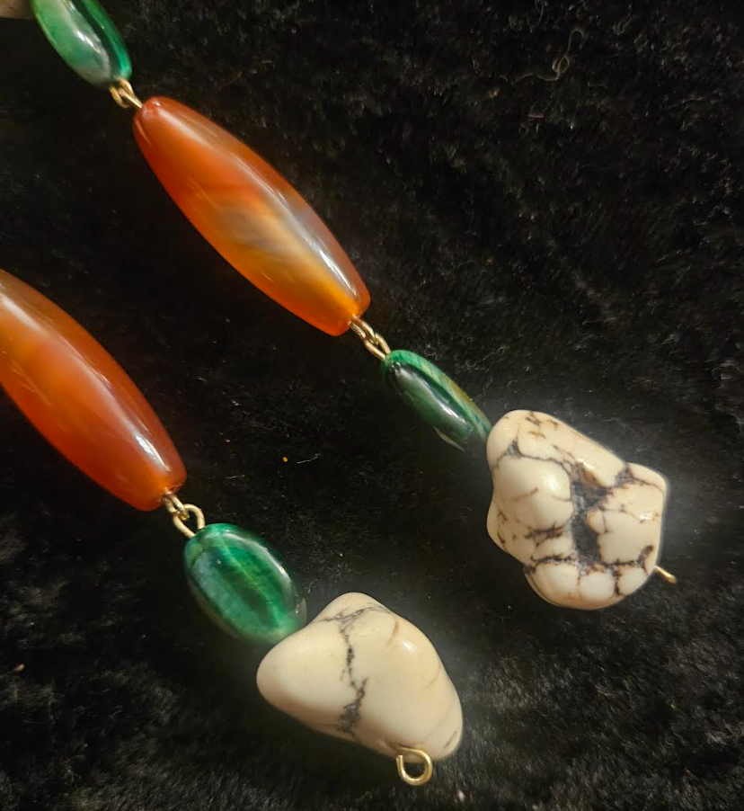 Orange Green & Off White Gemstone Shoulder Duster Pierced Statement Ea