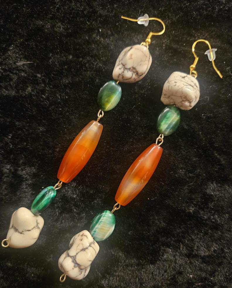 Orange Green & Off White Gemstone Shoulder Duster Pierced Statement Ea