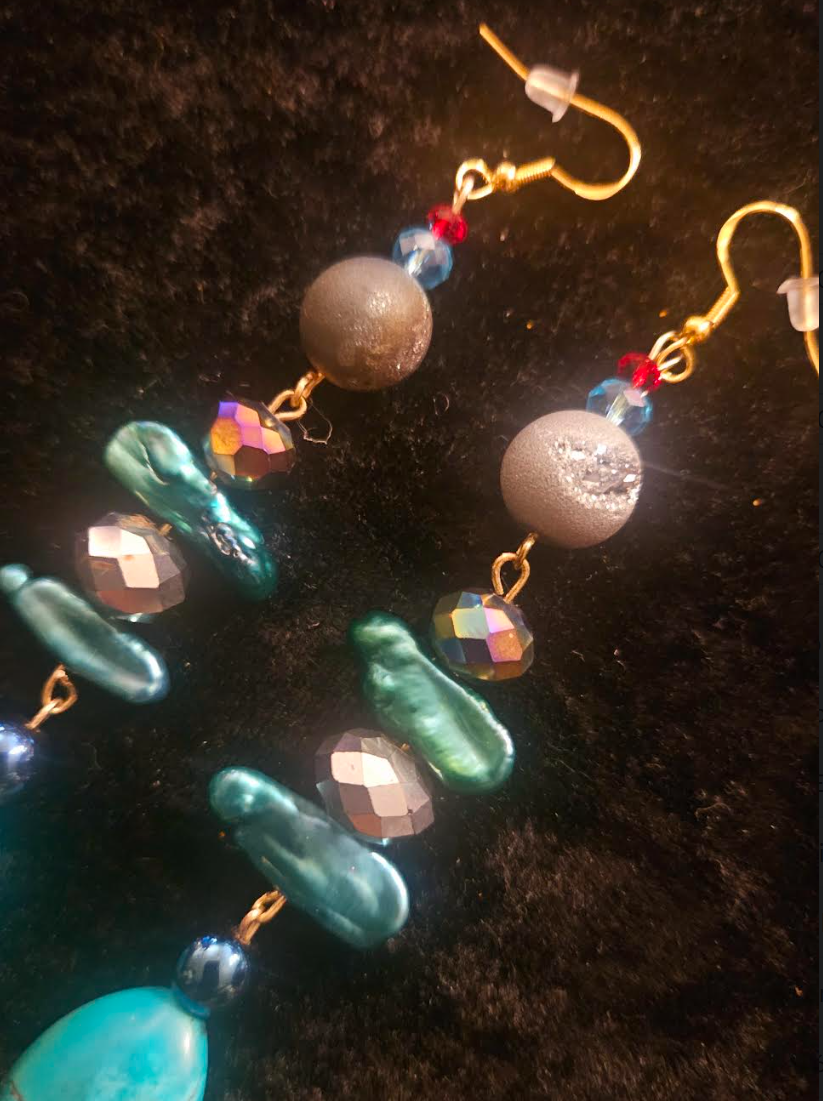 Jewel Tone Shell & Gemstone Super Long Beaded Pierced Statement Earrin