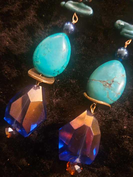 Jewel Tone Shell & Gemstone Super Long Beaded Pierced Statement Earrin