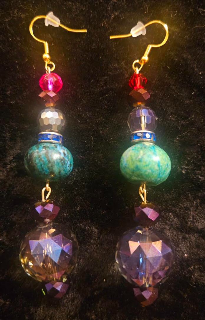Multi Colored Gemstone and Crystal Long Dangle Pierced Statement Earri