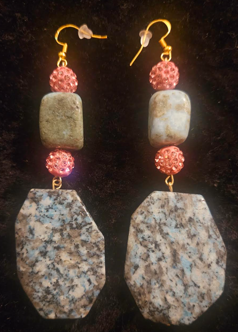 Kiwi Jasper and Pink Pave Rhinestone Drop Pierced Statement Earrings