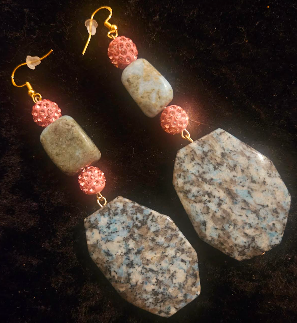 Kiwi Jasper and Pink Pave Rhinestone Drop Pierced Statement Earrings