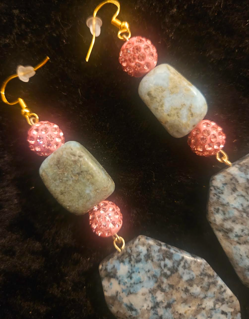 Kiwi Jasper and Pink Pave Rhinestone Drop Pierced Statement Earrings