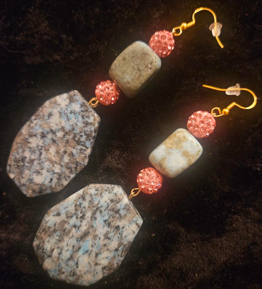 Kiwi Jasper and Pink Pave Rhinestone Drop Pierced Statement Earrings