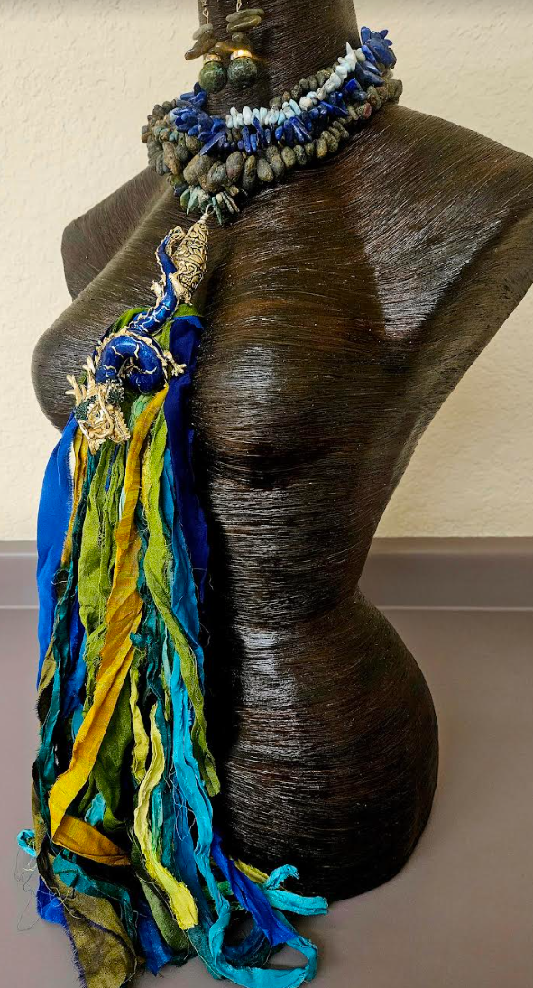 Enamel & Rhinestone Dragon Sari Silk and Gemstone Chest Piece Hom