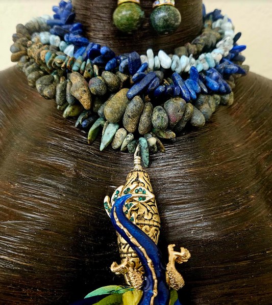 Enamel & Rhinestone Dragon Sari Silk and Gemstone Chest Piece Hom