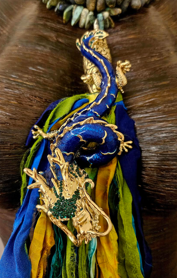 Enamel & Rhinestone Dragon Sari Silk and Gemstone Chest Piece Hom