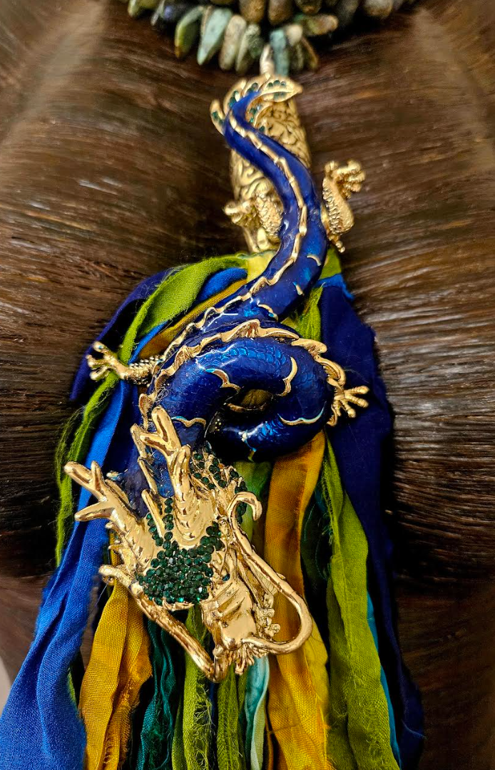 Enamel & Rhinestone Dragon Sari Silk and Gemstone Chest Piece Hom