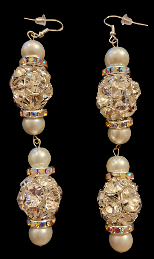 Rhinestone and Glass Pearl Dangle Pierced Statement Earrings - Formal