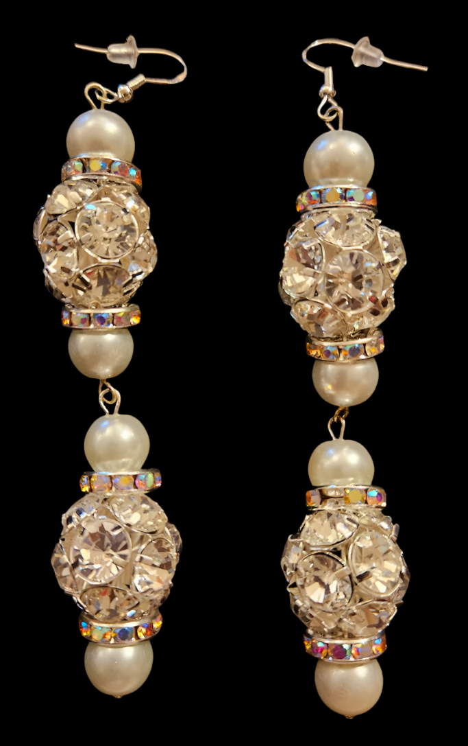 Rhinestone and Glass Pearl Dangle Pierced Statement Earrings - Formal
