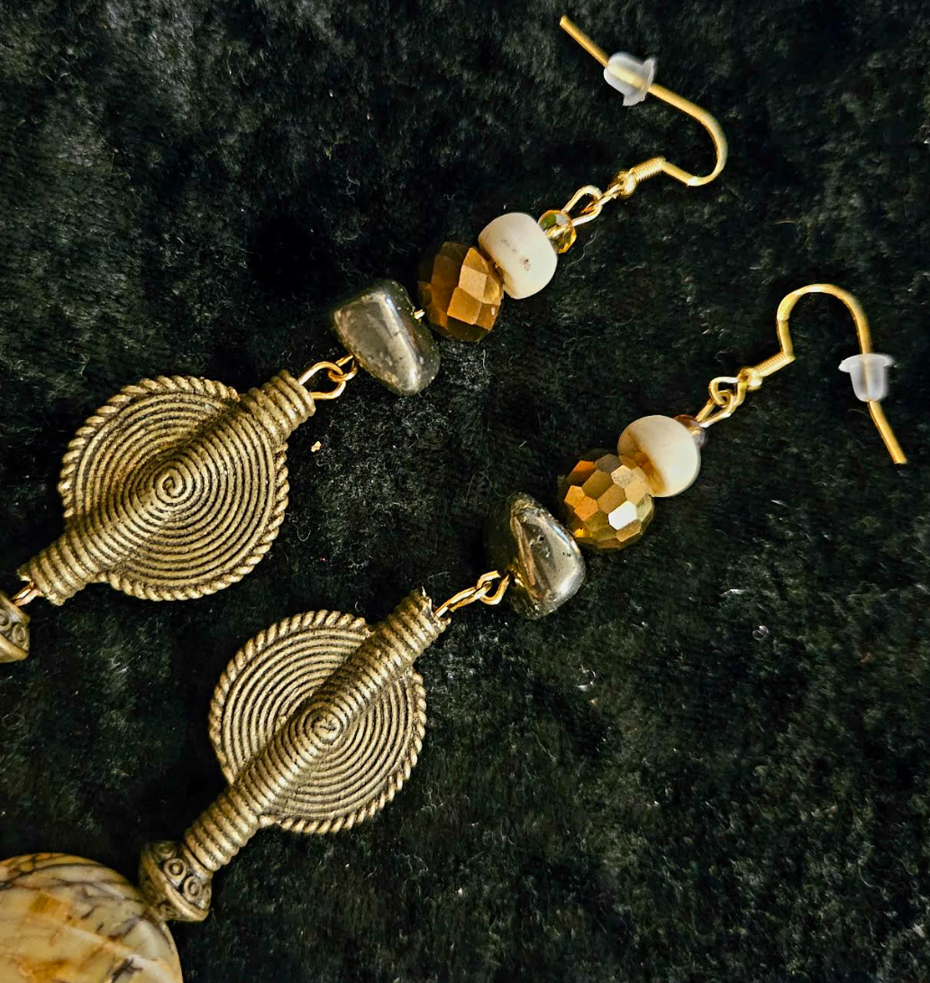 Earth Tone African Inspired Shoulder Duster Pierced Statement Earrings