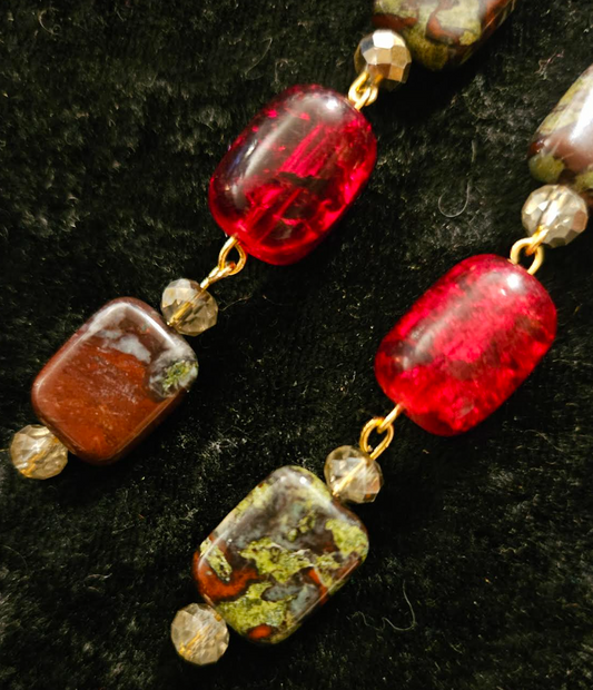 Dragon's Blood Jasper & Red Glass Long Dangle Pierced Statement Earrin