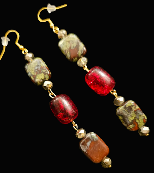 Dragon's Blood Jasper & Red Glass Long Bead Pierced Statement Earrings