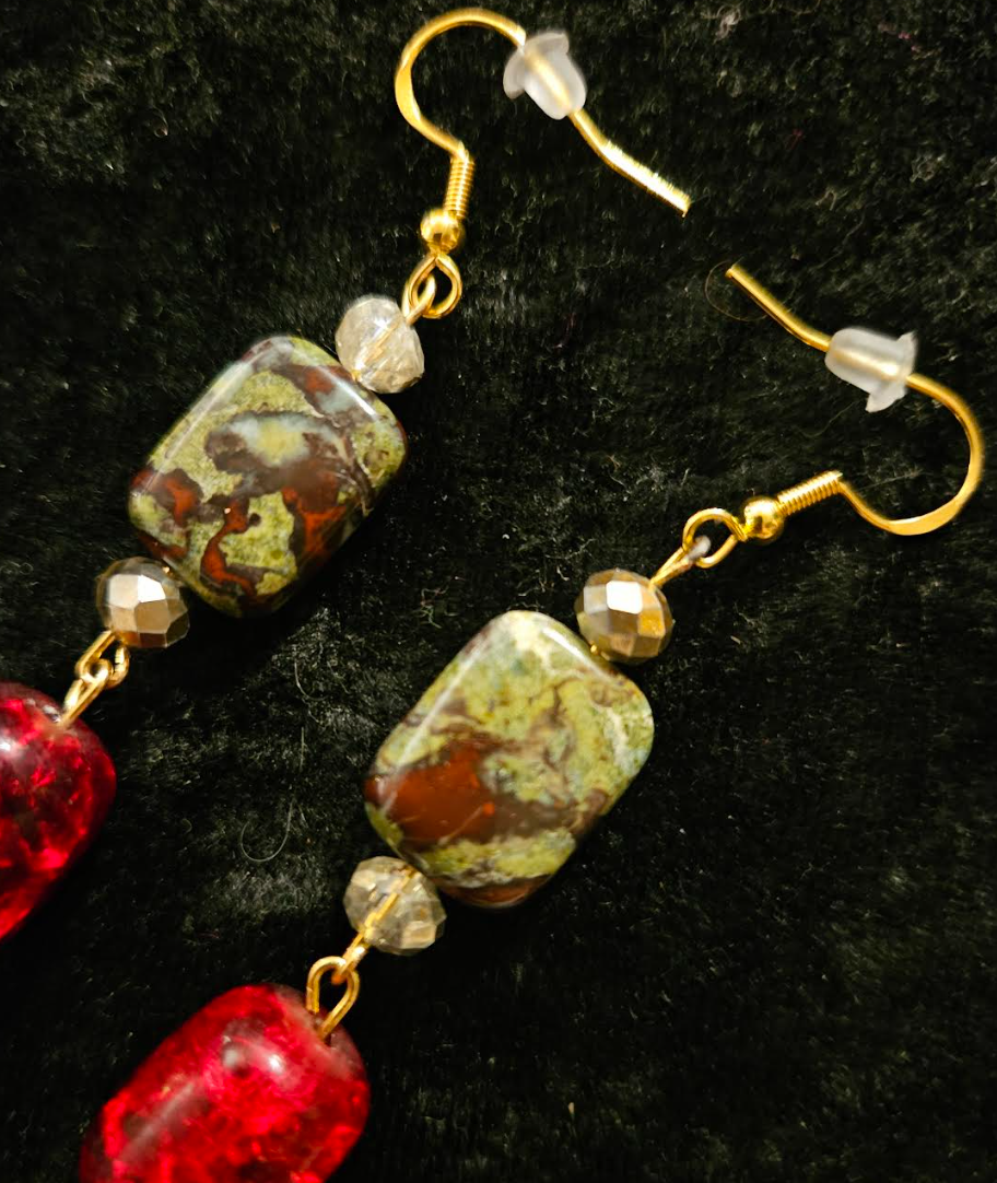 Dragon's Blood Jasper & Red Glass Long Dangle Pierced Statement Earrin