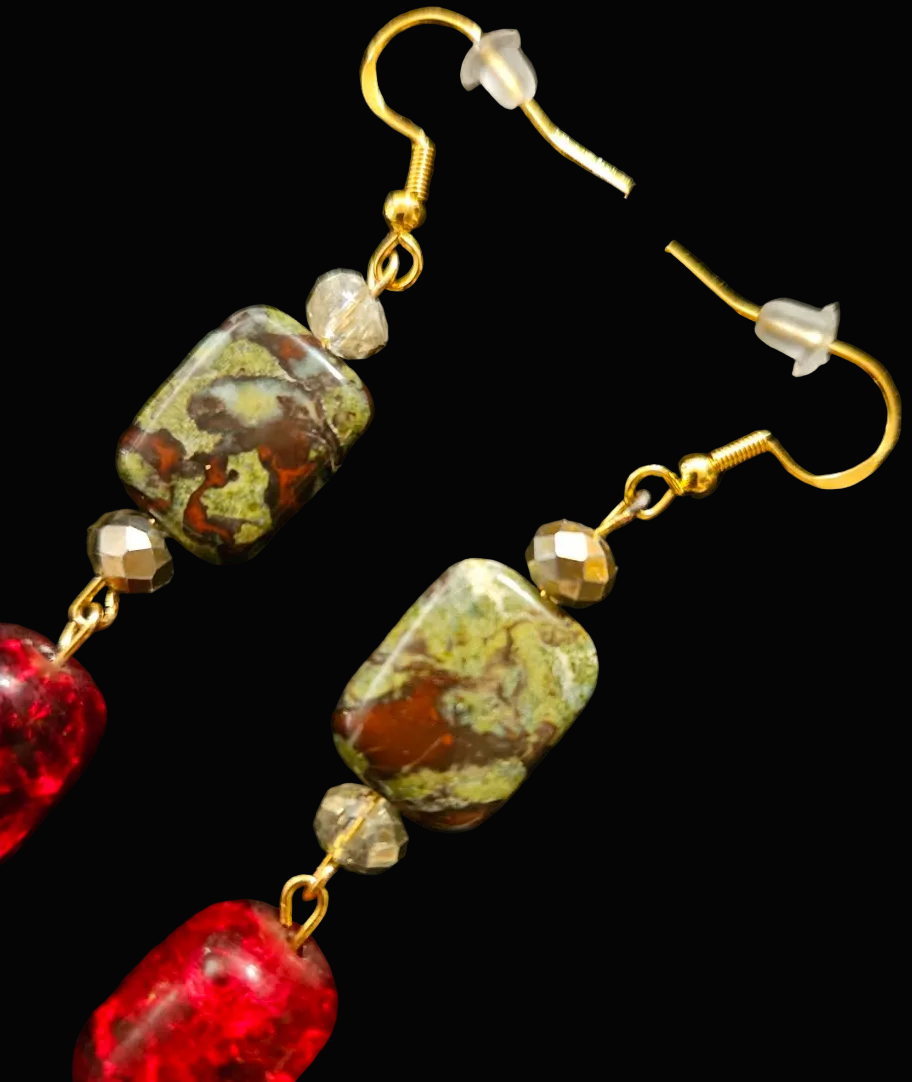 Dragon's Blood Jasper & Red Glass Long Bead Pierced Statement Earrings