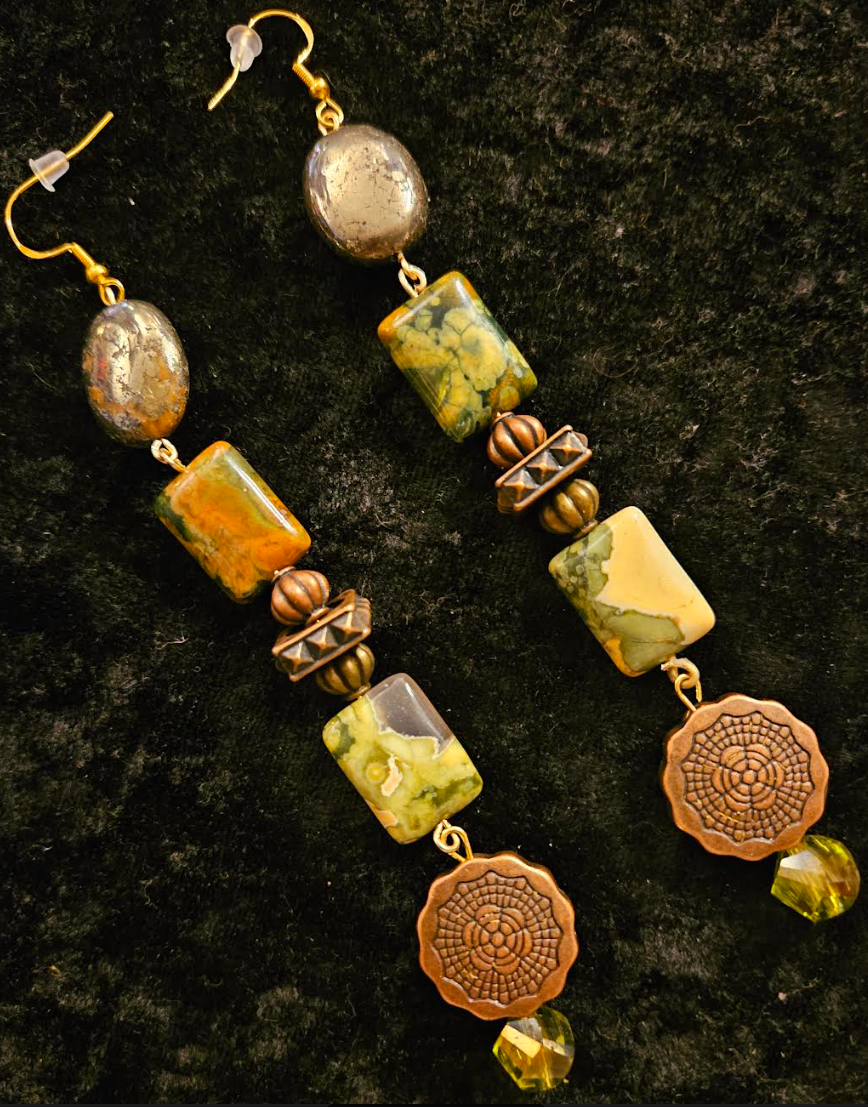 Rhyolite Pyrite & Copper Shoulder Duster Pierced Statement Earrings