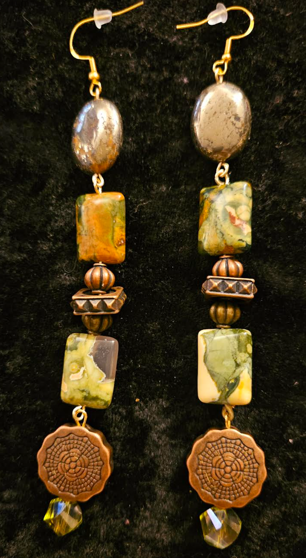 Rhyolite Pyrite & Copper Shoulder Duster Pierced Statement Earrings