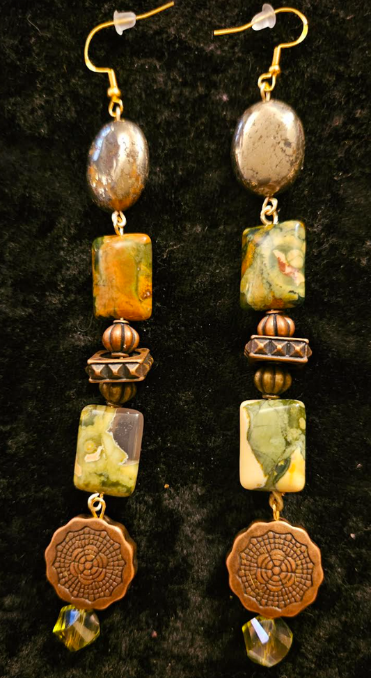 Rhyolite Pyrite & Copper Shoulder Duster Pierced Statement Earrings