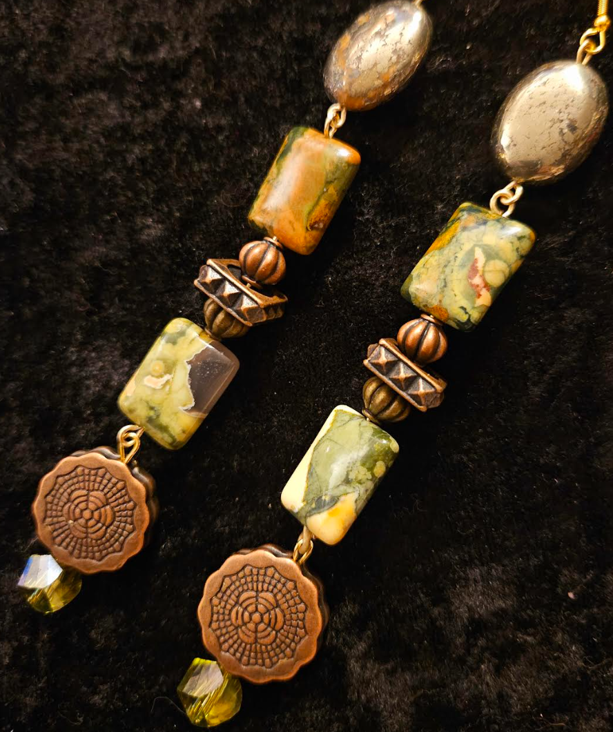 Rhyolite Pyrite & Copper Shoulder Duster Pierced Statement Earrings