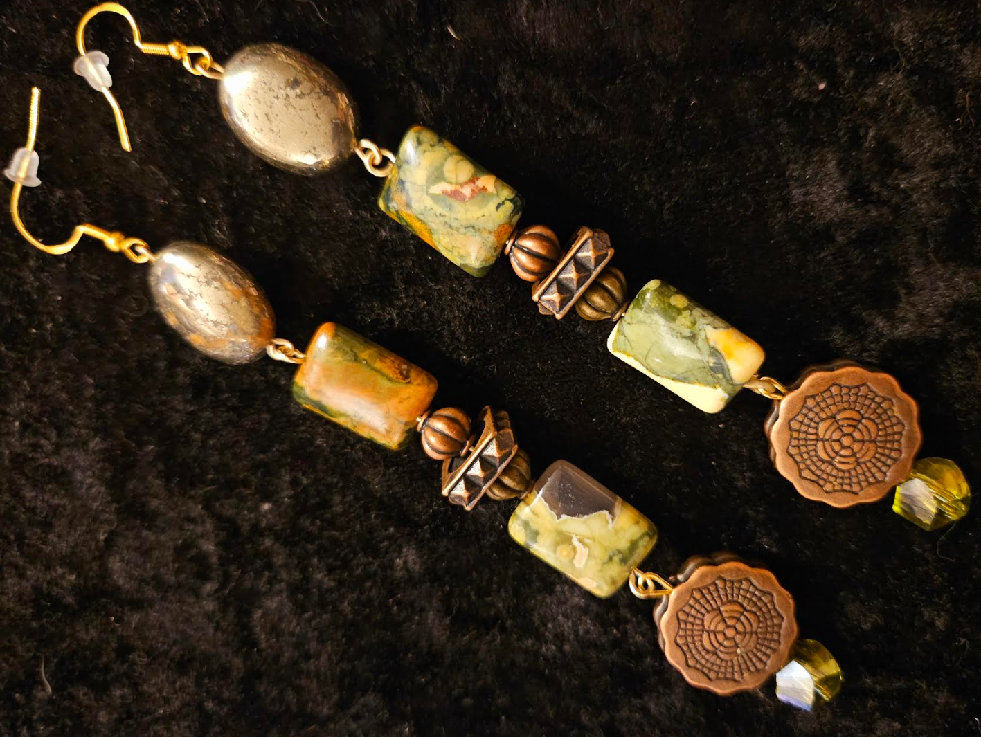 Rhyolite Pyrite & Copper Shoulder Duster Pierced Statement Earrings