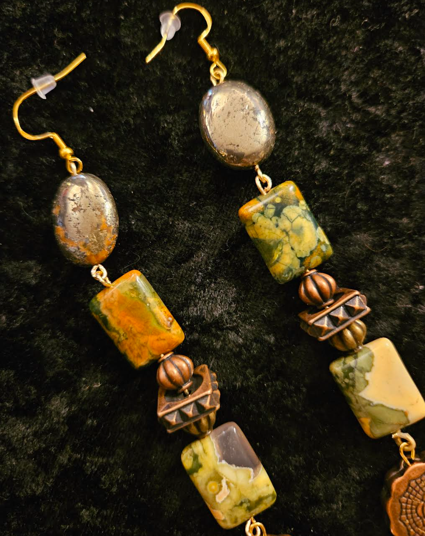 Rhyolite Pyrite & Copper Shoulder Duster Pierced Statement Earrings