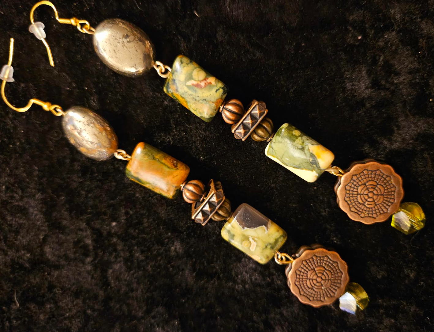 Rhyolite Pyrite & Copper Shoulder Duster Pierced Statement Earrings