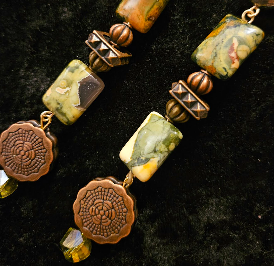 Rhyolite Pyrite & Copper Shoulder Duster Pierced Statement Earrings