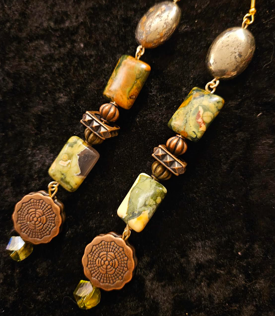 Rhyolite Pyrite & Copper Shoulder Duster Pierced Statement Earrings