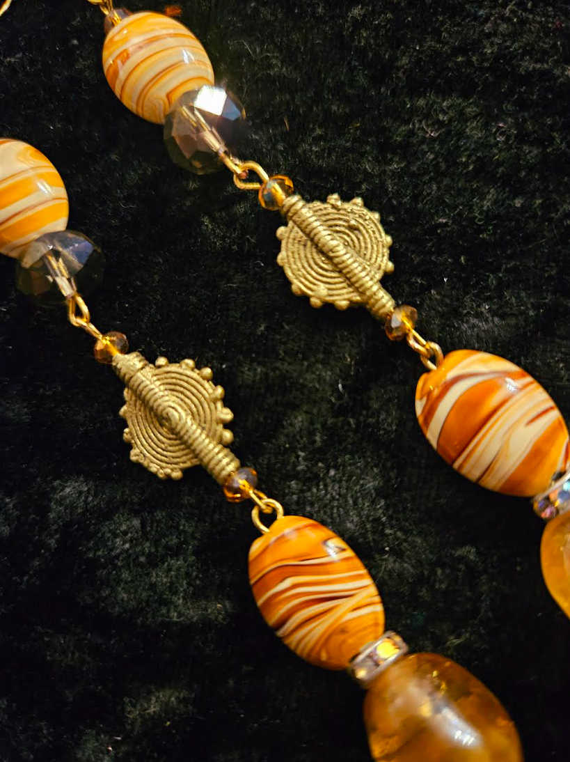 Orange & Gold Beaded Exotic Shoulder Dusters Amber Agate Crystal
