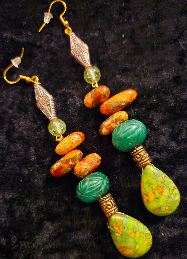 Orange and Green Long Gemstone Dangle Pierced Statement Earrings Eme