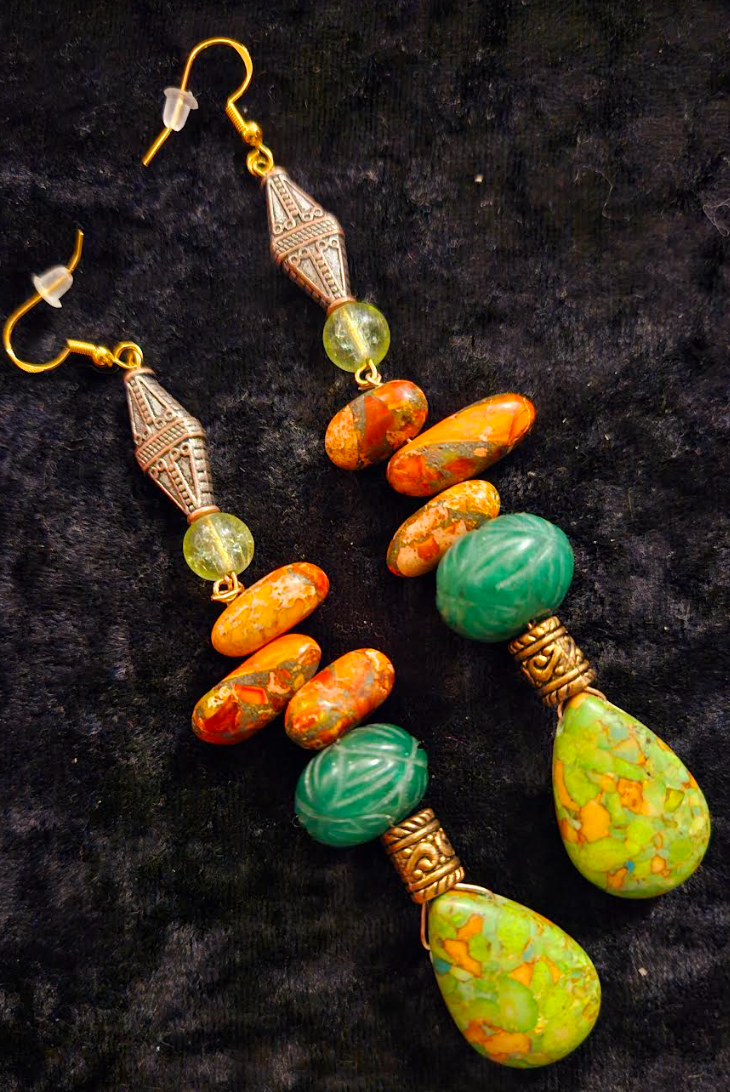 Orange and Green Long Gemstone Dangle Pierced Statement Earrings Eme